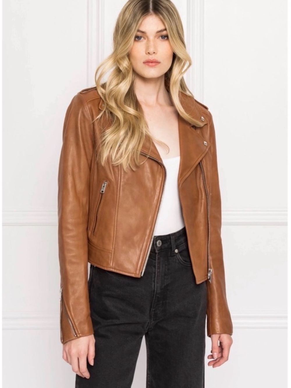 LAMARQUE Donna Leather Biker Jacket Luggage Cognac XS NWT